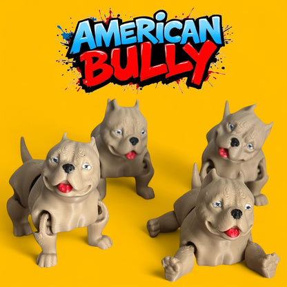 Toy dog figures with 'American Bully' branding on a yellow background