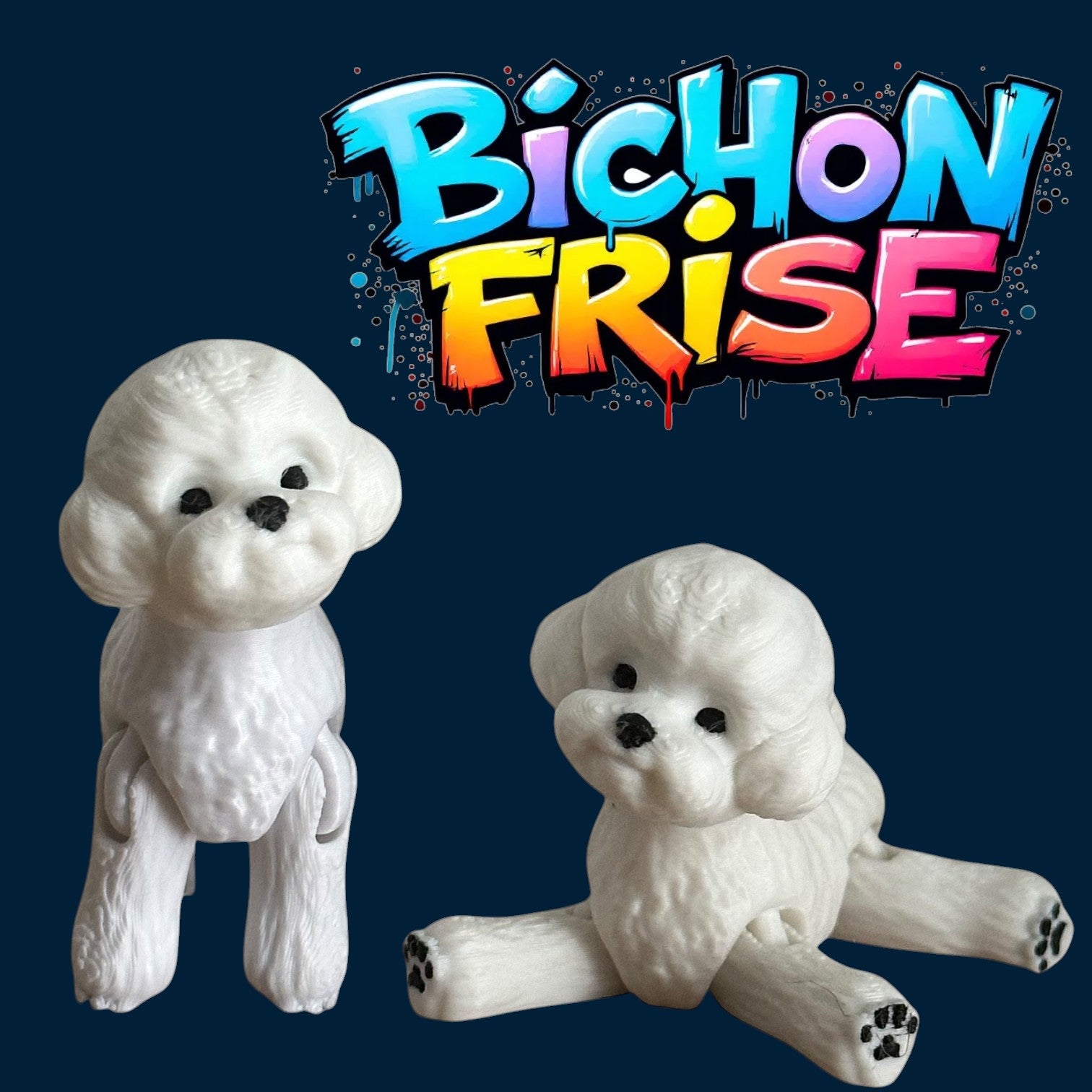Two white dog figurines with 'Bichon Frise' text in colorful letters above them on a dark blue background.
