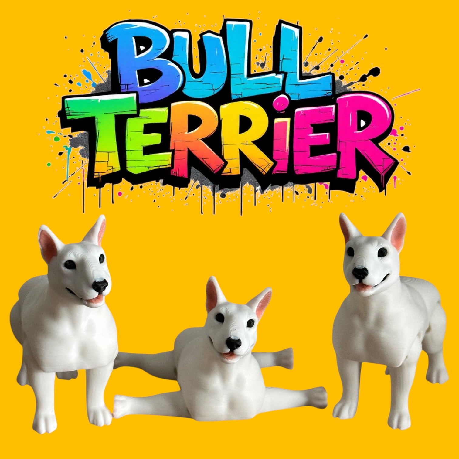 Three white dog figurines on a yellow background with colorful 'Bull Terrier' text.