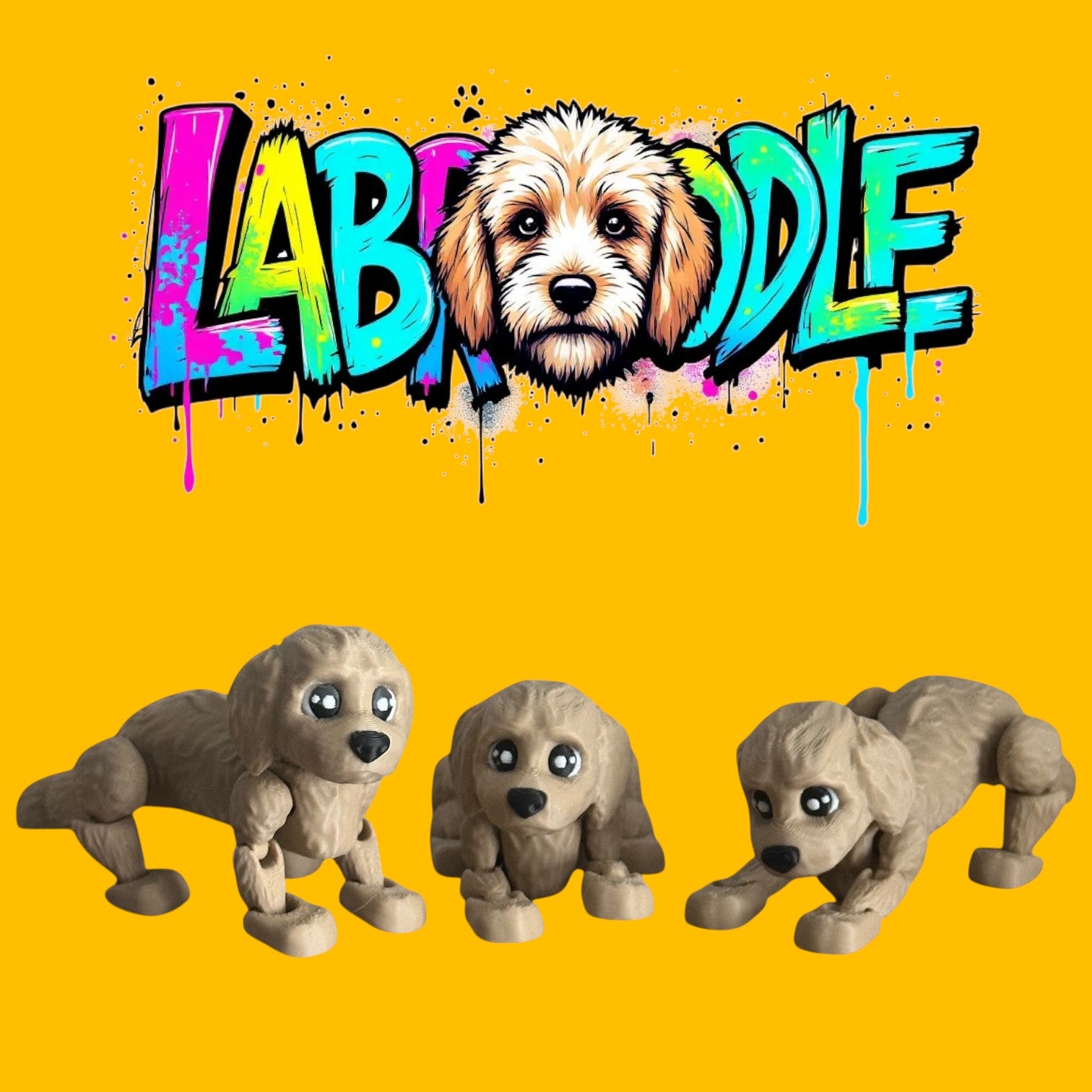Three toy dogs with a colorful 'LABRADOODLE' text on a yellow background