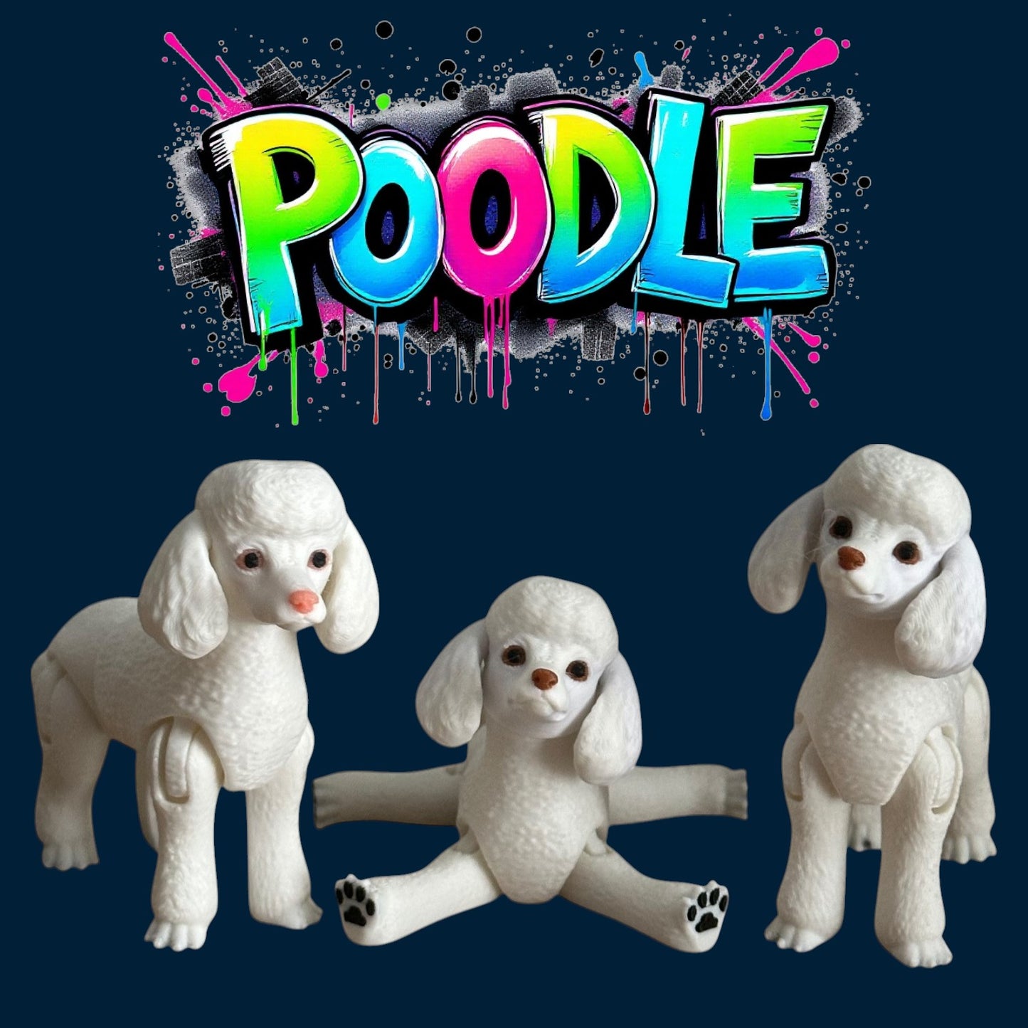 Three white poodle figurines on a dark blue background with colorful 'POODLE' text.