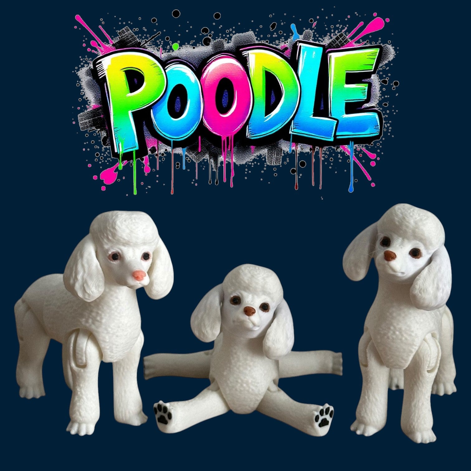 Three white poodle figurines on a dark blue background with colorful 'POODLE' text.