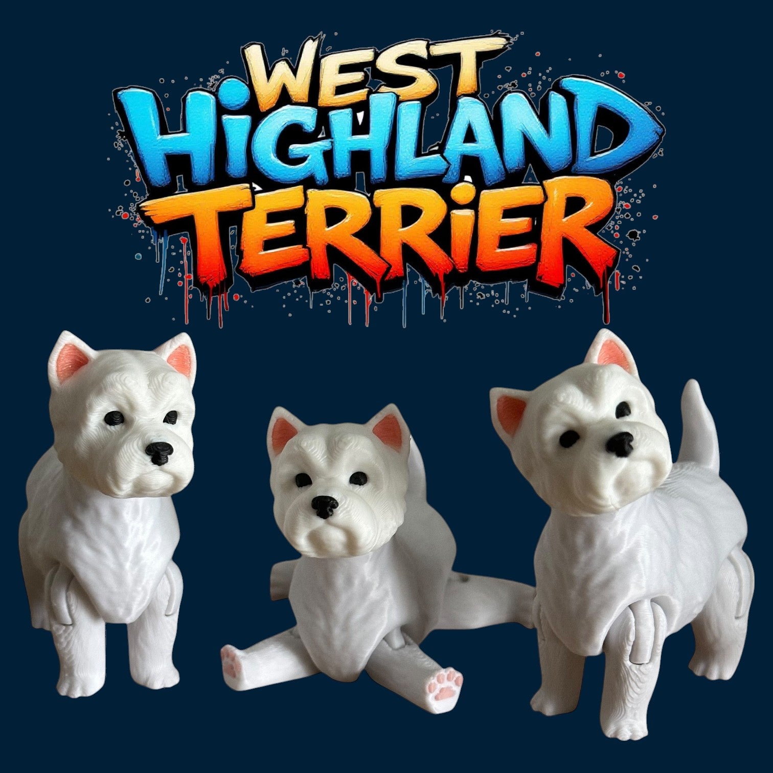 Three West Highland Terrier figurines with colorful text on a dark blue background